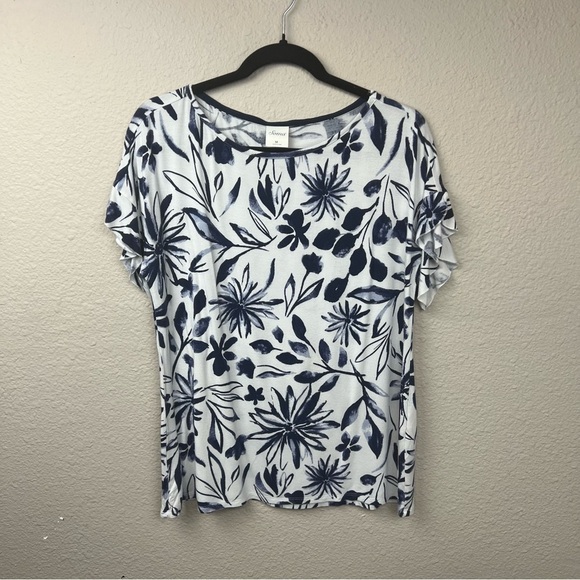 SOMA soft jersey flutter sleeve top voyage floral bright white sz M - Picture 1 of 8